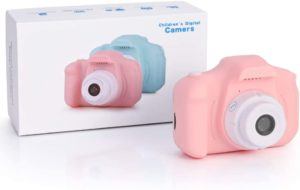 Fotocamera giocattolo rosa con confezione